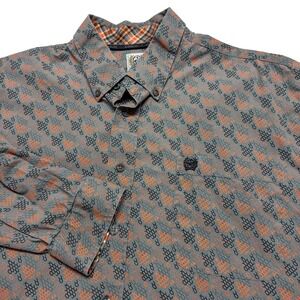 Cinch Shirt Mens Large Gray Orange Geometric Western Button Down Long Sleeve‎